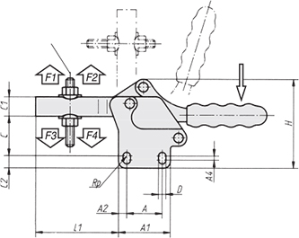 Schéma 1 + Sauterelle horizontale 
à pied droit et broche réglable 