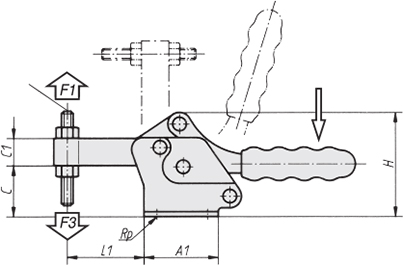 Schéma 1 + Sauterelle horizontale 
à pied en équerre er broche fixe 