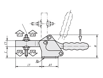 Schéma 1 + Sauterelle horizontale 
à pied en équerre et broche réglable 