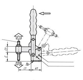 Schéma 1 + Sauterelle verticale 
à pied équerre et broche fixe 