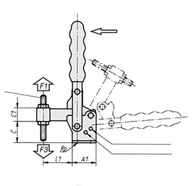 Schéma 1 + Sauterelle verticale 
à pied équerre et broche fixe 